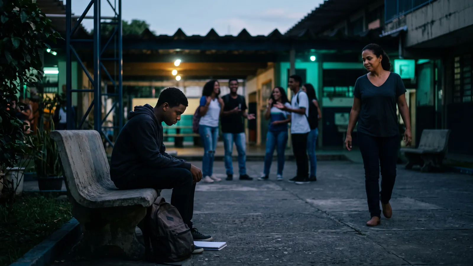 Aluno sentado sozinho num banco do pátio da escola enquanto os colegas conversam em grupo e uma professora se aproxima dele