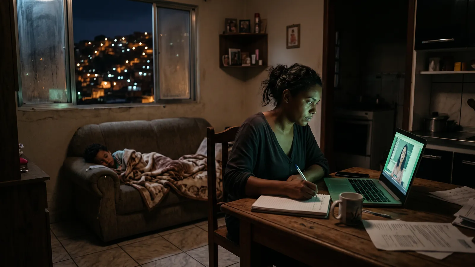 Mãe estuda à noite numa aula online no notebook, na mesa de casa, enquanto o filho dorme no sofá