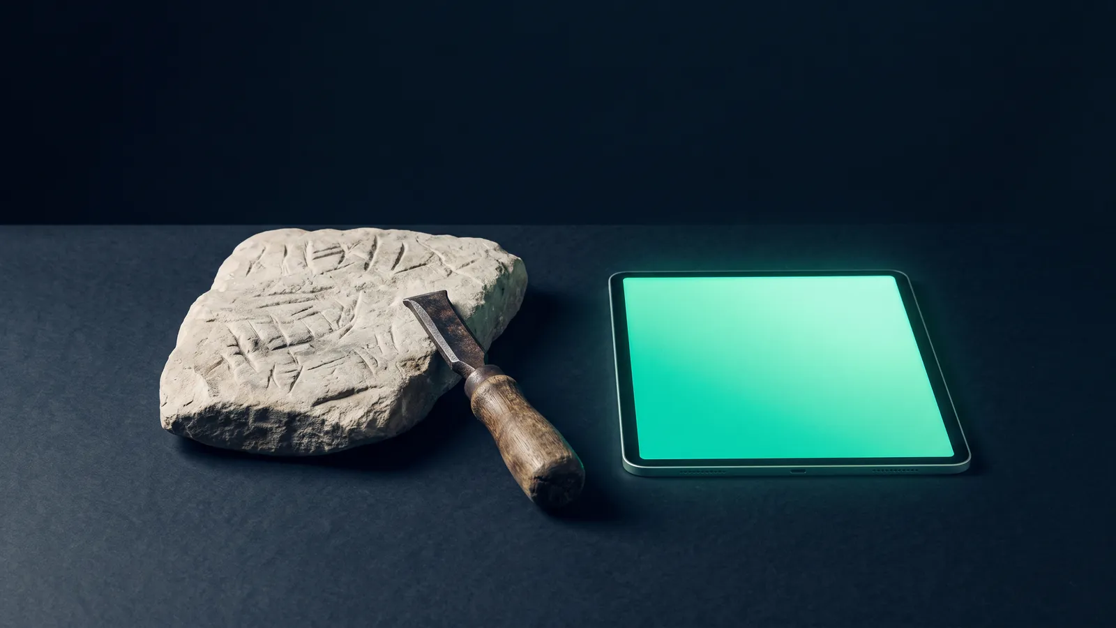 Tábua de pedra entalhada e um cinzel ao lado de um tablet com a tela acesa em verde