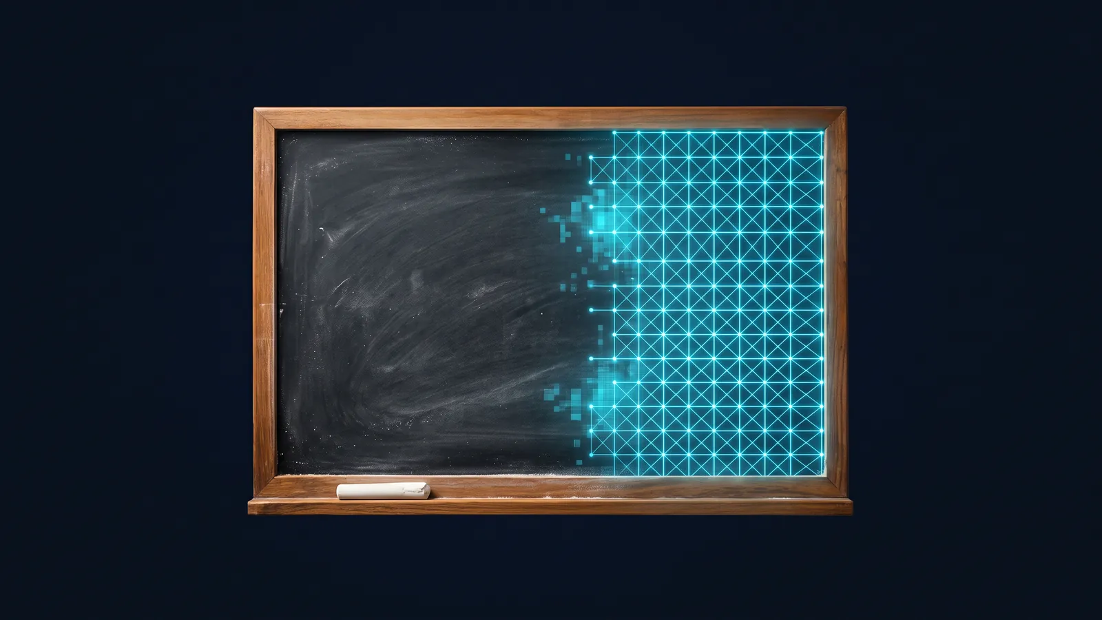 Lousa de giz cuja metade direita se transforma numa grade digital azul
