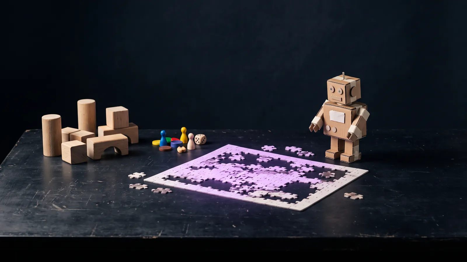 Mesa escura com blocos de madeira, peças de jogo, um quebra-cabeça iluminado em lilás e um robô de papelão