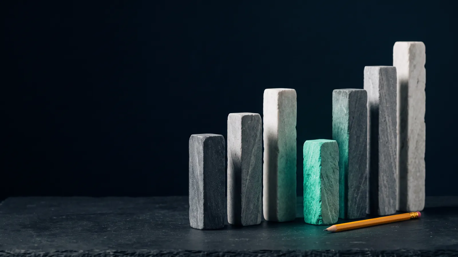 Colunas de pedra de alturas diferentes, como um gráfico de barras, com a mais baixa iluminada em verde e um lápis ao lado